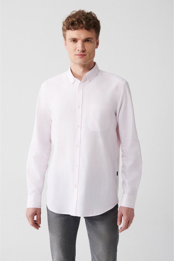 Avva Avva Men's Light Pink 100% Cotton Oxford Buttoned Collar Striped Standard Fit Regular Fit Shirt