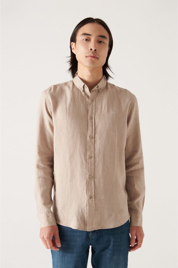 Avva Avva Men's Mink 100% Linen Buttoned Collar Comfort Fit Shirt