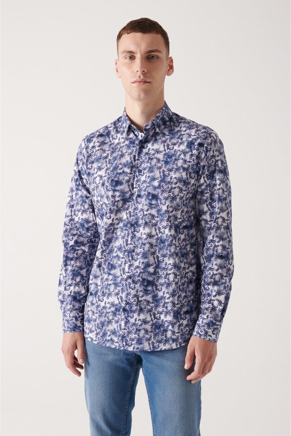 Avva Avva Men's Navy Blue Abstract Patterned 100% Cotton Slim Fit Slim Fit Shirt