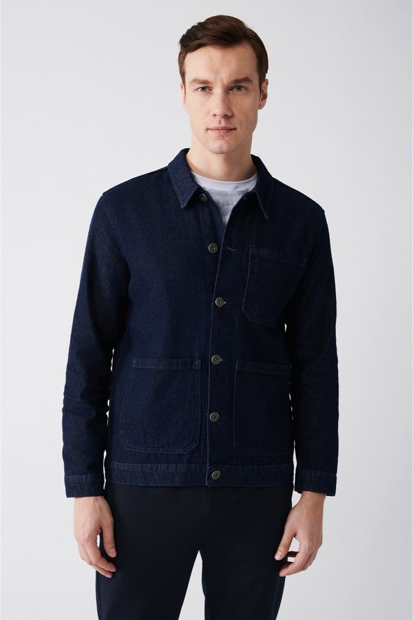 Avva Avva Men's Navy Blue Classic Collar 100% Cotton Comfort Fit Comfortable Cut Denim Coat