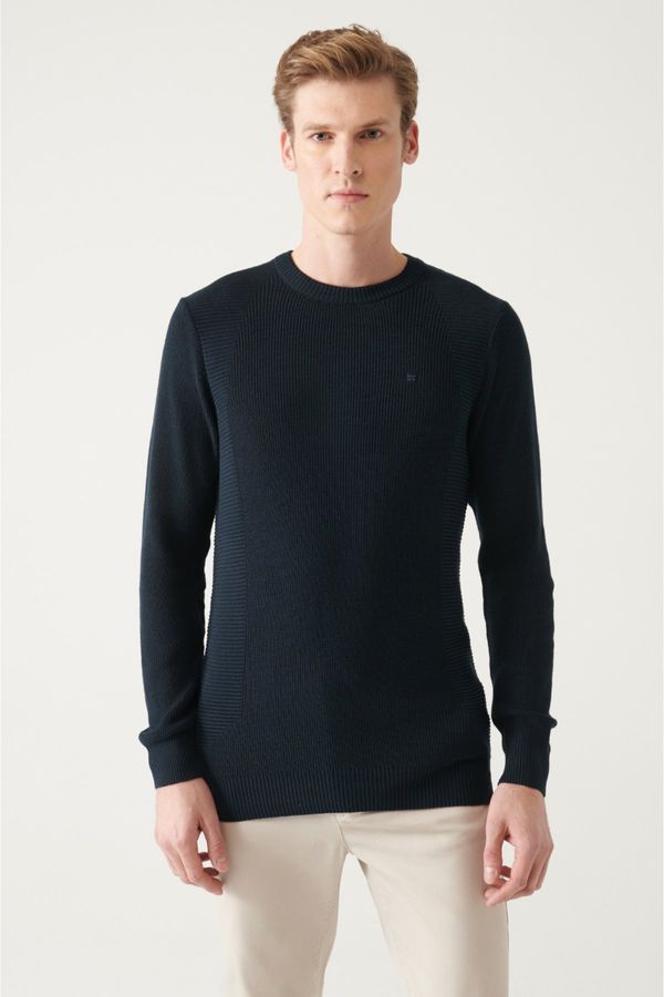 Avva Avva Men's Navy Blue Crew Neck Jacquard Slim Fit Narrow Cut Knitwear Sweater