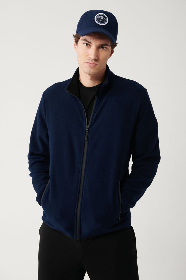 Avva Avva Men's Navy Blue Fleece Sweatshirt Stand Collar Cold Resistant Zippered Regular Fit