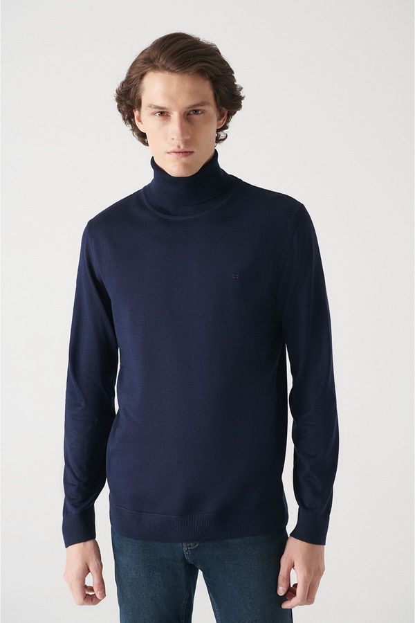 Avva Avva Men's Navy Blue Full Turtleneck Wool Blended Regular Fit Knitwear Sweater