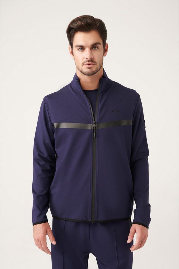 Avva Avva Men's Navy Blue Interlock Fabric Stand Collar Printed Standard Fit Regular Cut Sweatshirt