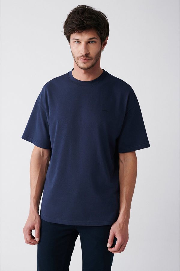Avva Avva Men's Navy Blue Oversize 100% Cotton Crew Neck Printed T-shirt
