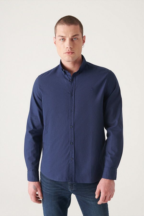 Avva Avva Men's Navy Blue Oxford 100% Cotton Regular Fit Shirt