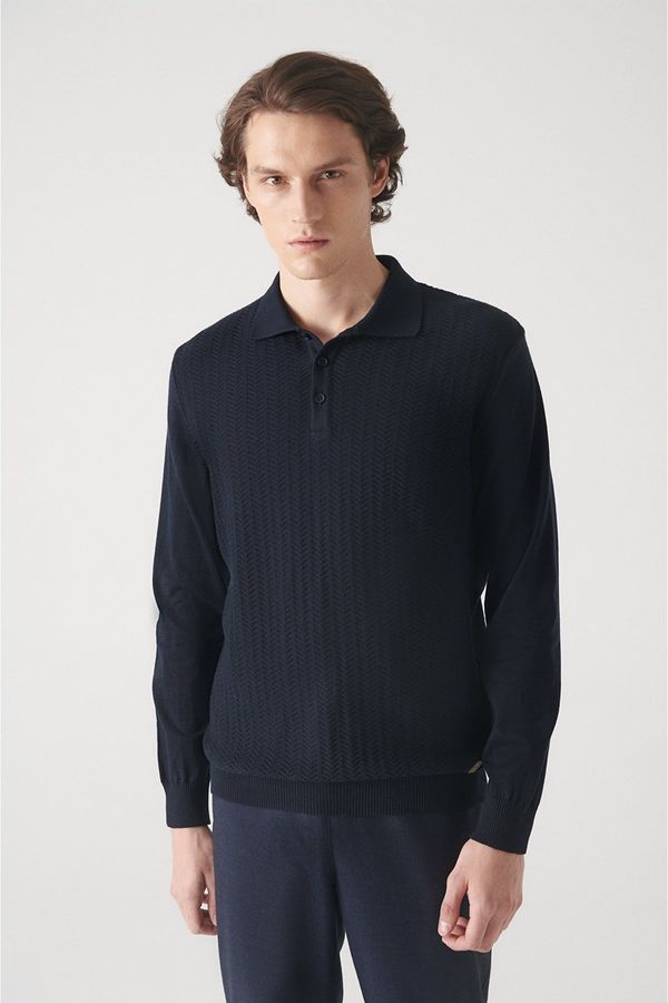 Avva Avva Men's Navy Blue Polo Neck Herringbone Patterned Cotton Regular Fit Knitwear Sweater