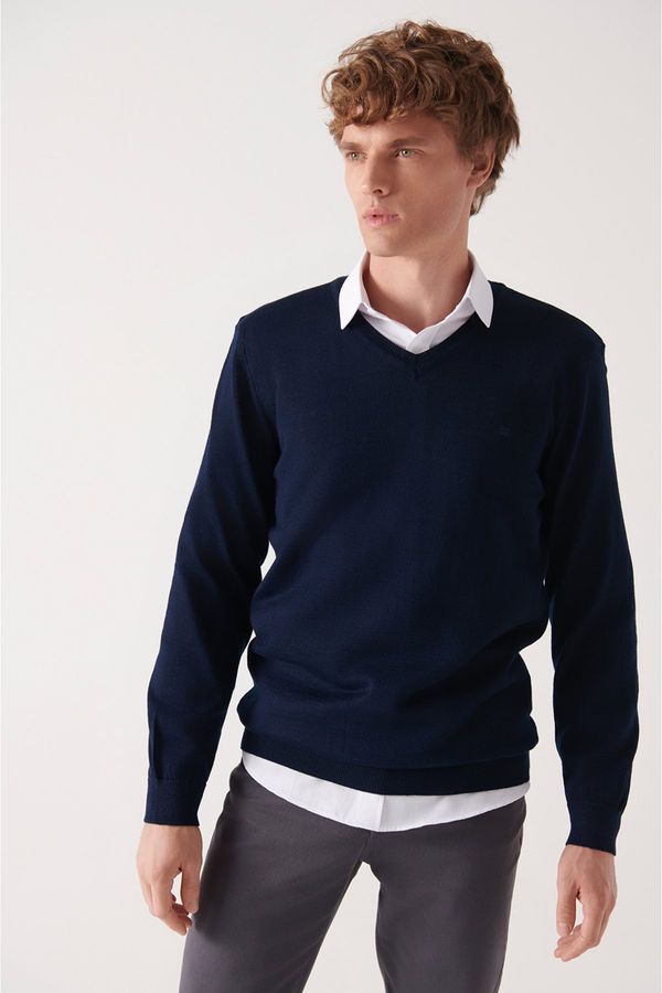 Avva Avva Men's Navy Blue V Neck Wool Blended Regular Fit Knitwear Sweater