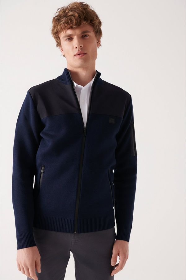 Avva Avva Men's Navy Blue Wool Blended Parachute Fabric Detailed Zippered Standard Fit Regular Cut Cardigan Coat