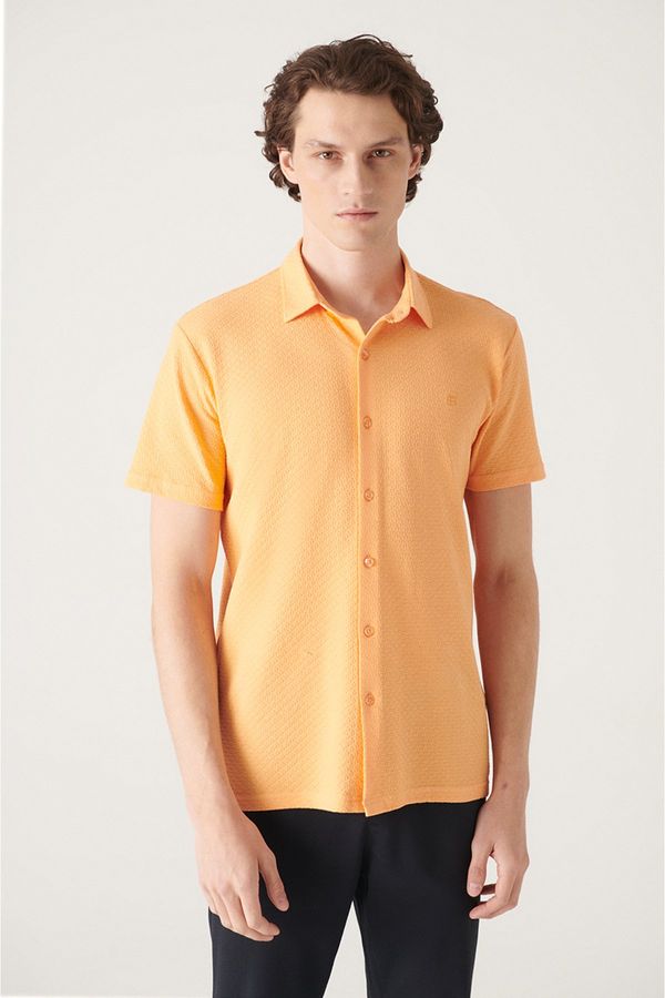 Avva Avva Men's Orange Jacquard Knitted Short Sleeve Shirt