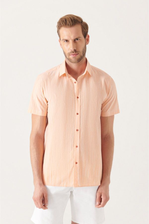 Avva Avva Men's Orange Wrinkled Look Short Sleeve Shirt