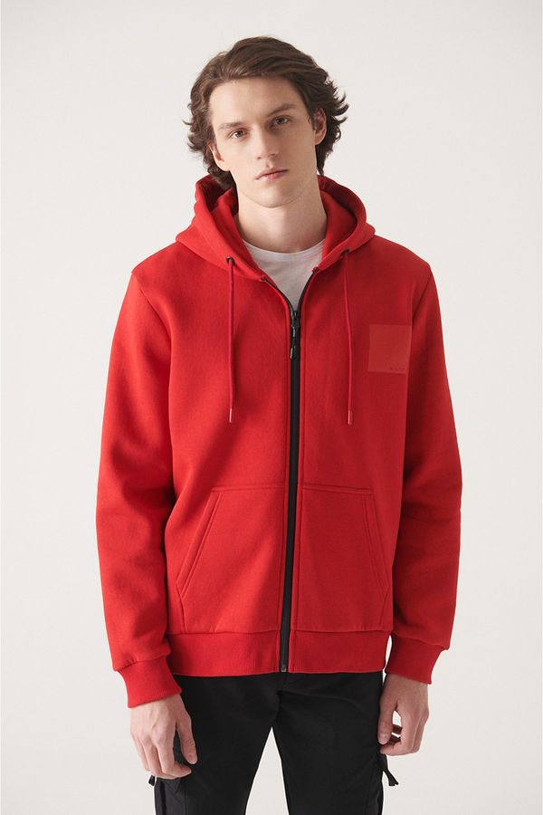 Avva Avva Men's Red Hooded 3 Thread Fleece Printed Zippered Standard Fit Regular Fit Sweatshirt