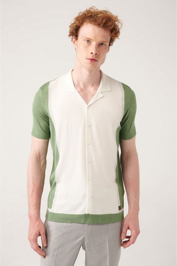 Avva Avva Men's Water Green Cuban Collar Color Block Regular Fit Buttoned Knitwear T-shirt