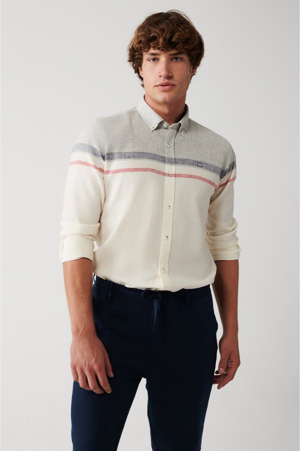 Avva Avva Men's White Cotton Linen Blended Buttoned Collar Striped Slim Fit Slim Fit Shirt