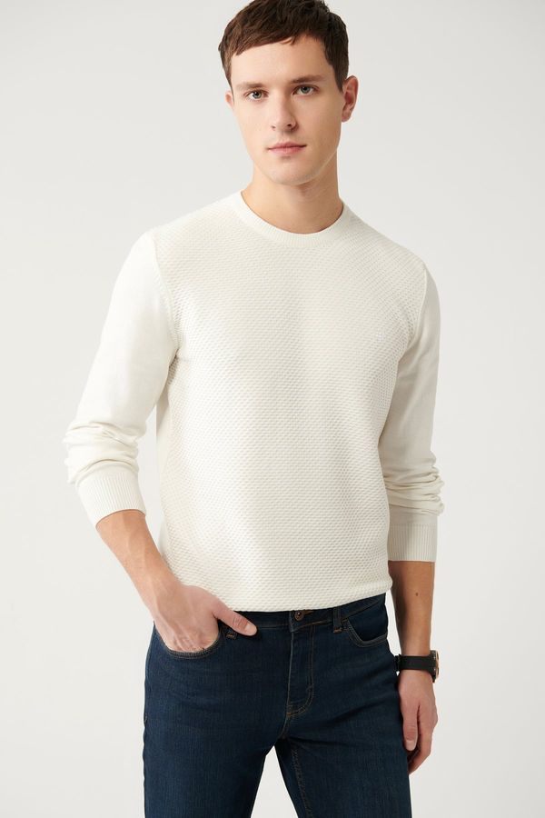 Avva Avva Men's White Knitwear Sweater Crew Neck Front Textured Cotton Regular Fit
