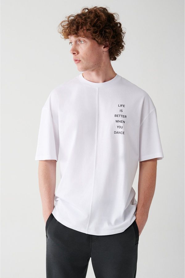 Avva Avva Men's White Oversize 100% Cotton Crew Neck Slogan Printed T-shirt