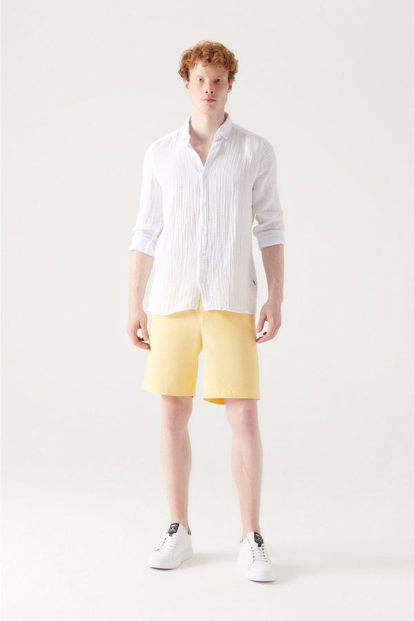 Avva Avva Men's Yellow 100% Cotton Side Pocket Elastic Waist Linen Textured Relaxed Fit Comfortable Cut Shorts