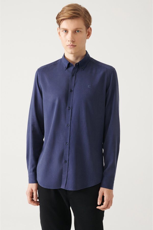 Avva Avva Navy Blue Button Collar Comfort Fit Tencel Shirt