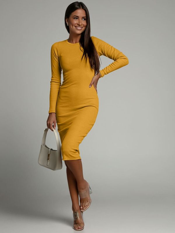 FASARDI Basic mustard ribbed dress with long sleeves