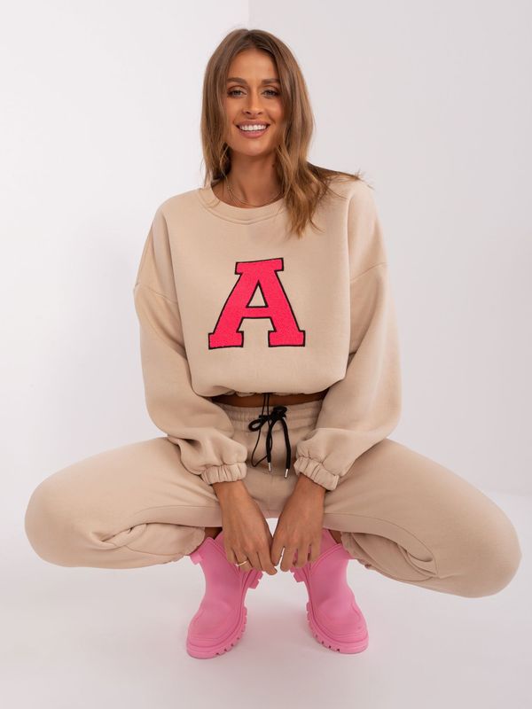 Fashionhunters Beige and fluoro-pink tracksuit with letter A