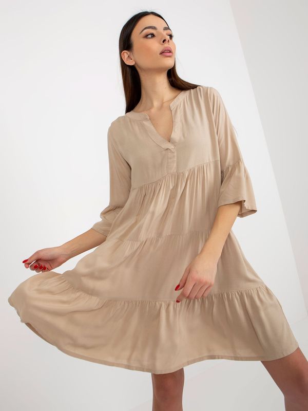 Fashionhunters Beige loose dress with frills and 3/4 sleeves SUBLEVEL