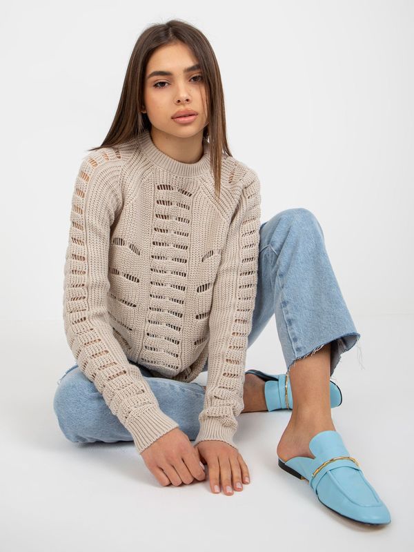 Fashionhunters Beige openwork oversize sweater with the addition of wool
