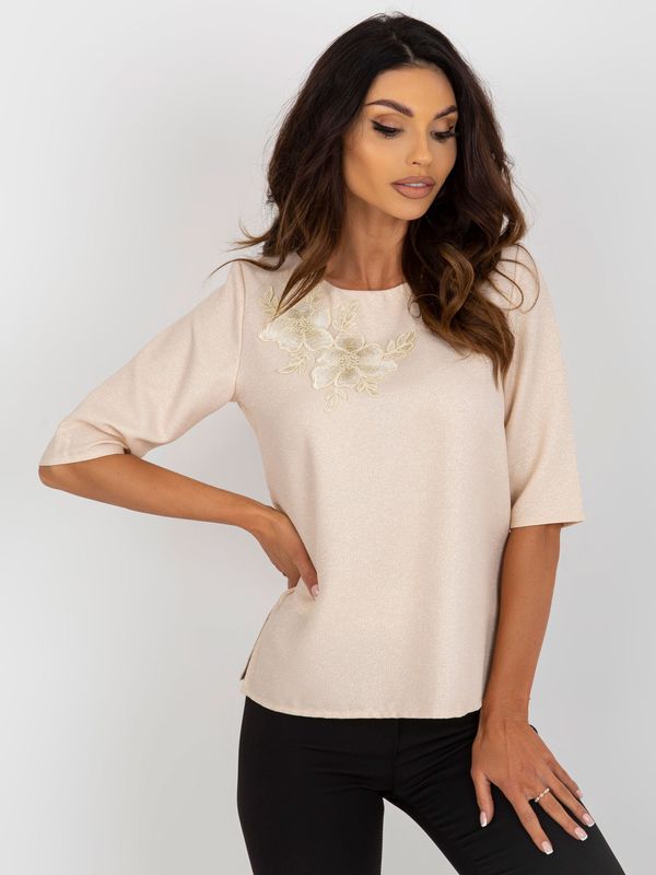 Fashionhunters Beige shiny formal blouse with short sleeves