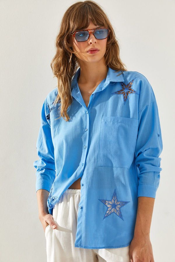 Bianco Lucci Bianco Lucci Women's Flam Linen Star Laser Cut Single Pocket Long Sleeve Shirt