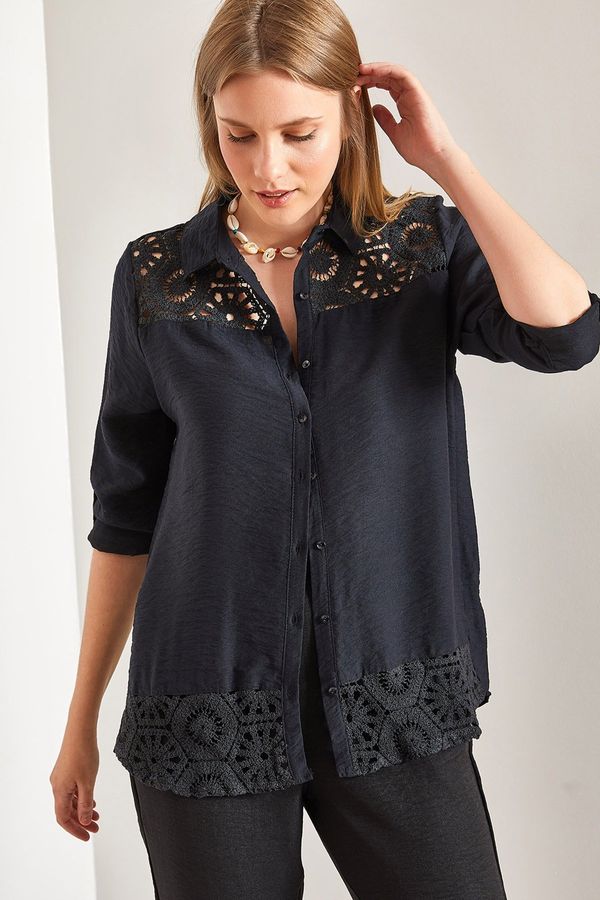 Bianco Lucci Bianco Lucci Women's Lace Patterned Shirt with Fold Sleeves