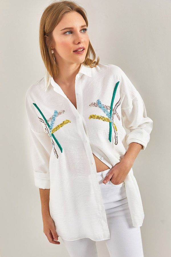 Bianco Lucci Bianco Lucci Women's Stamp Palette Embroidered Linen Ayrobin Shirt