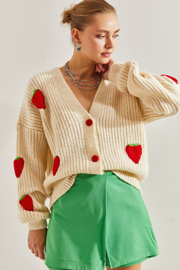Bianco Lucci Bianco Lucci Women's Strawberry Buttoned Knitwear Cardigan