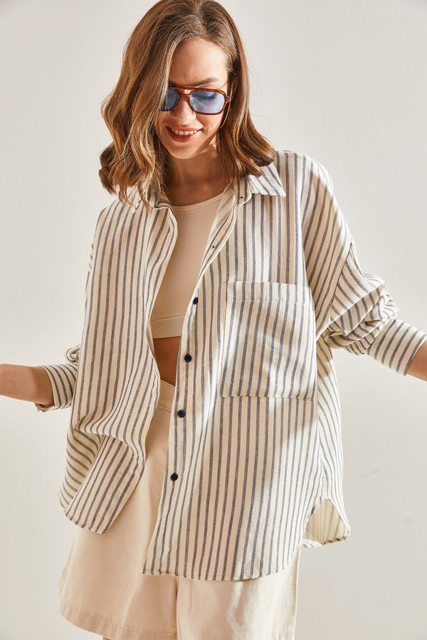 Bianco Lucci Bianco Lucci Women's Striped Single Pocket Oversize Shirt