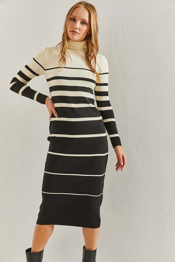 Bianco Lucci Bianco Lucci Women's Turtleneck Striped Long Knitwear Dress