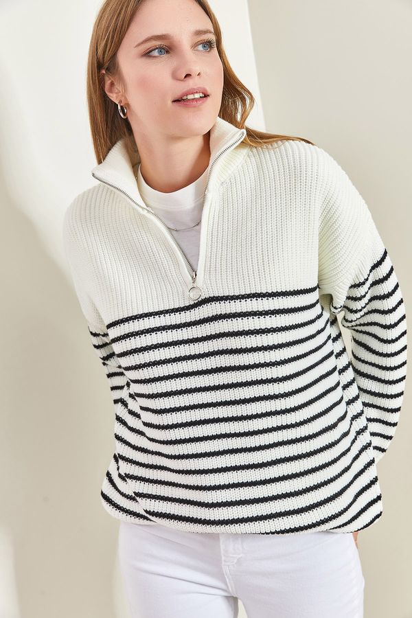 Bianco Lucci Bianco Lucci Women's Turtleneck Zippered Stripe Knitwear Sweater