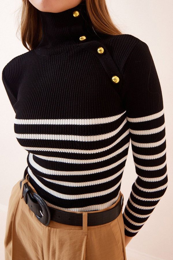 Bigdart Bigdart 15818 Buttons Striped Sweater - Black