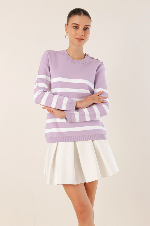 Bigdart Bigdart 15820 Button Detailed Striped Sweater - Lilac