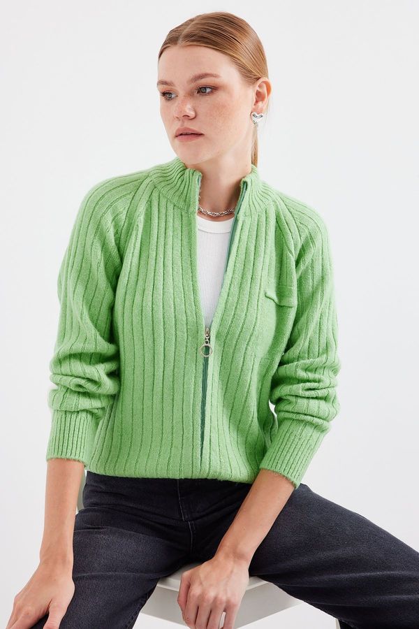 Bigdart Bigdart 15880 Zippered Knitwear Cardigan - E.Green