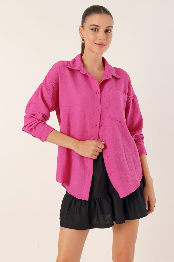 Bigdart Bigdart 20153 Single Pocket Oversize Linen Shirt - Fuchsia