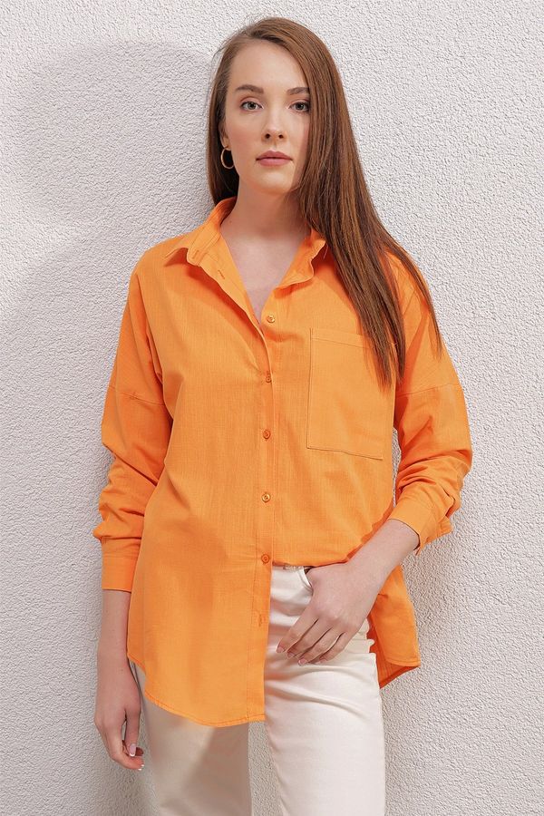 Bigdart Bigdart 20153 Single Pocket Oversize Linen Shirt - Orange