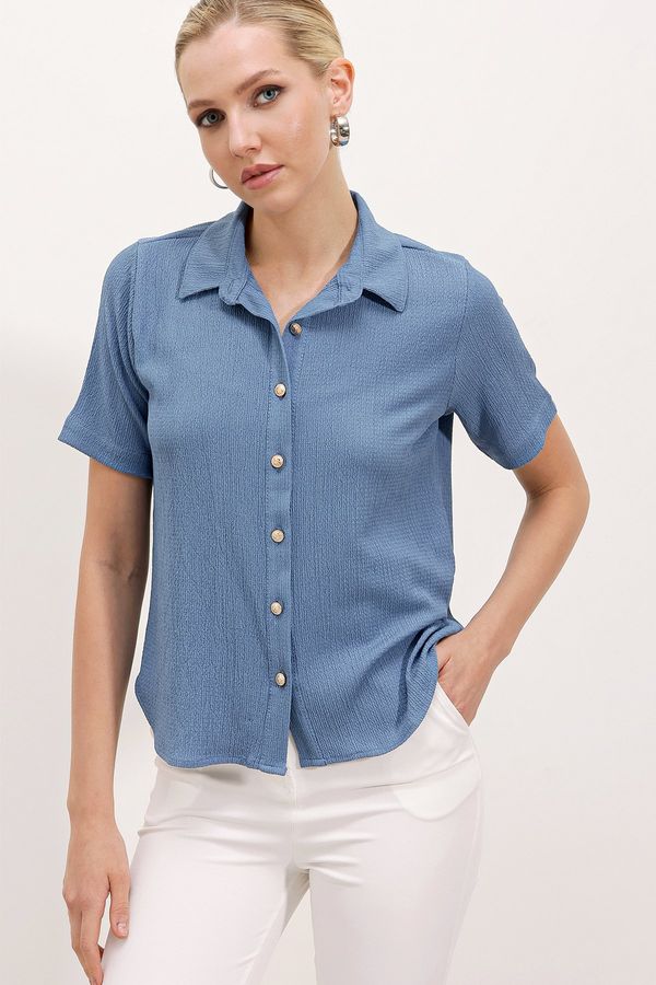 Bigdart Bigdart 20181 Gold Buttoned Knitted Shirt - Indigo