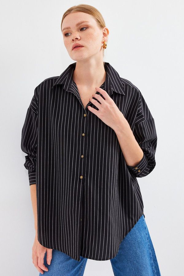 Bigdart Bigdart 20208 Striped Oversize Long Basic Shirt - Black