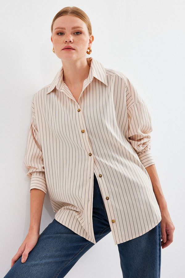 Bigdart Bigdart 20208 Striped Oversize Long Basic Shirt - Cream