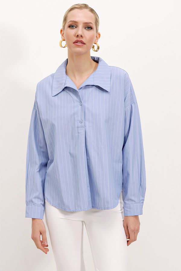 Bigdart Bigdart 20215 Wide-Fit Striped Oversize Shirt - Blue