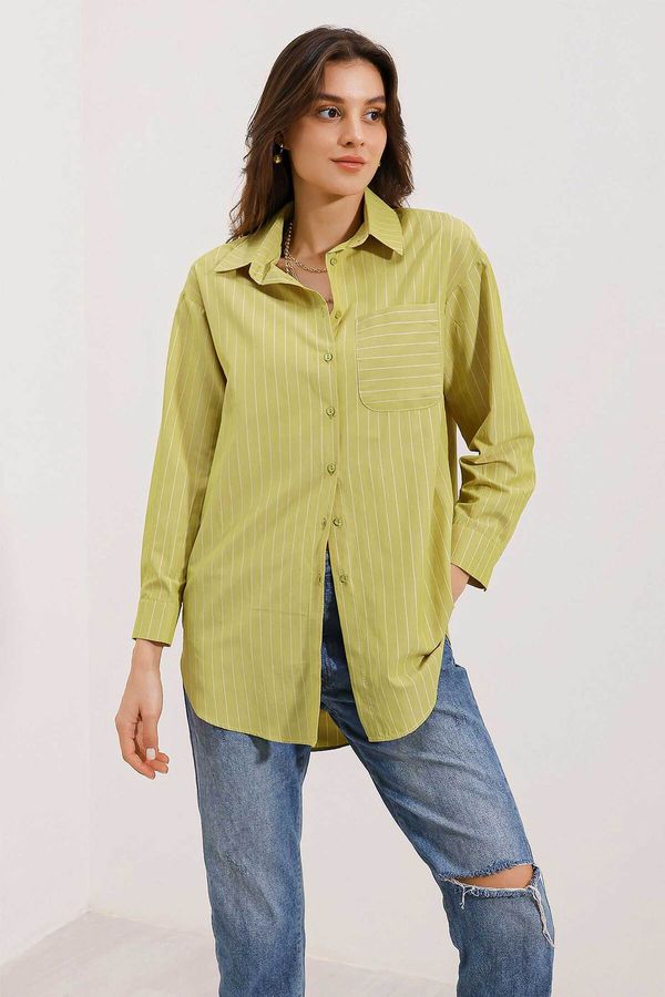 Bigdart Bigdart 20217 Pocket Detailed Striped Oversize Shirt - Green