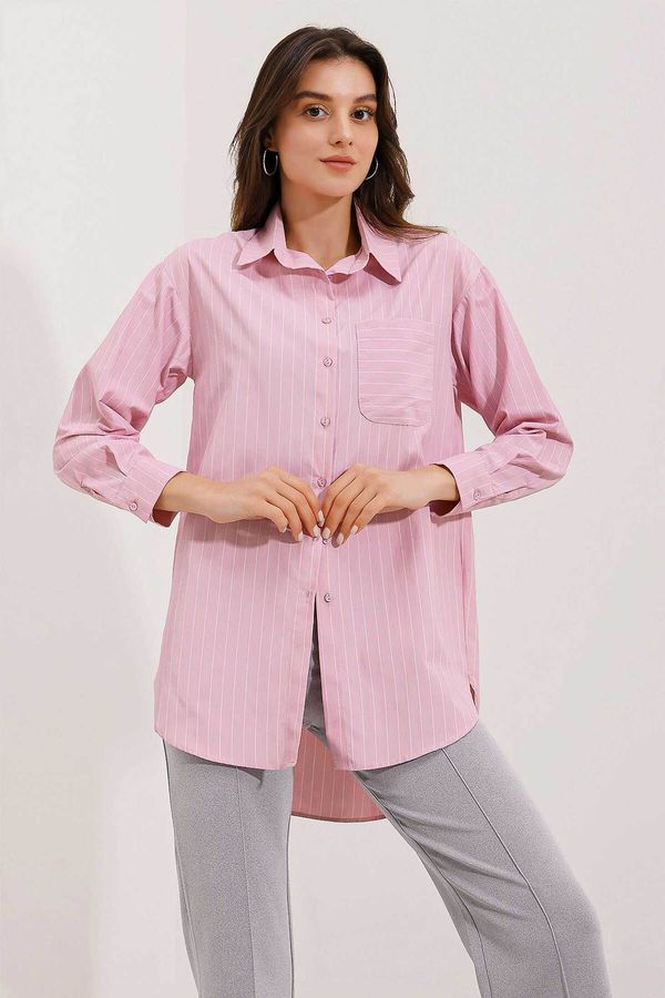 Bigdart Bigdart 20217 Pocket Detailed Striped Oversize Shirt - Powder