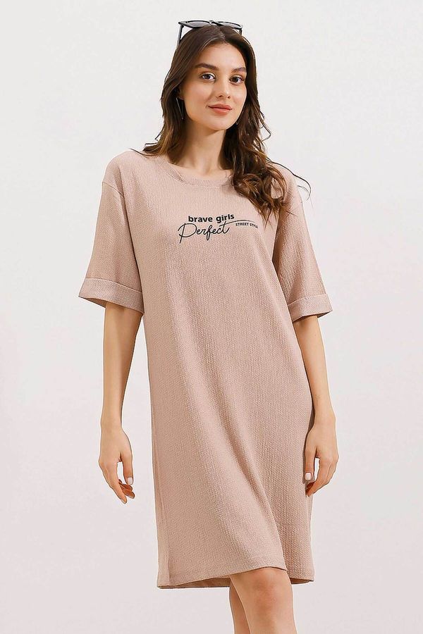 Bigdart Bigdart 2452 Printed Oversize Knitted Dress - Biscuit