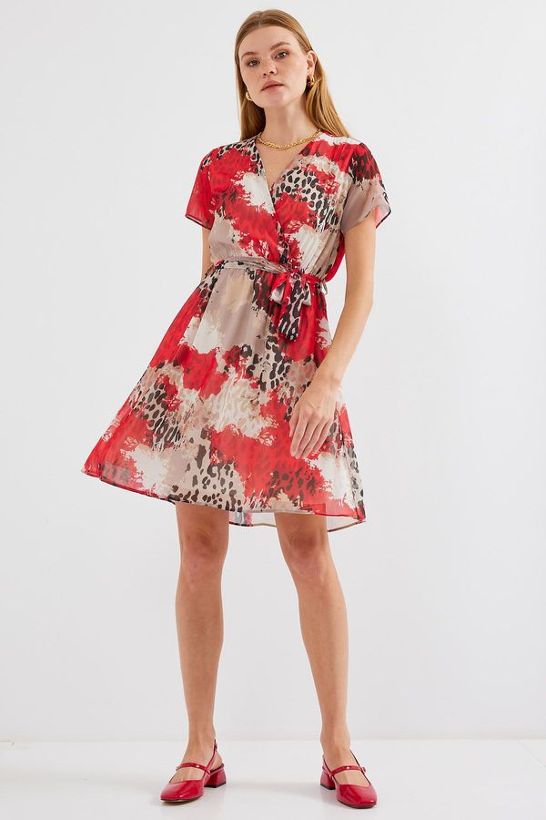 Bigdart Bigdart 2502 Short Sleeve Patterned Chiffon Dress - Red