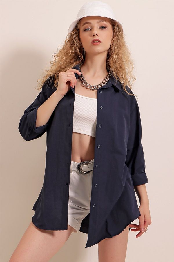 Bigdart Bigdart 3900 Oversize Long Basic Shirt - Navy Blue