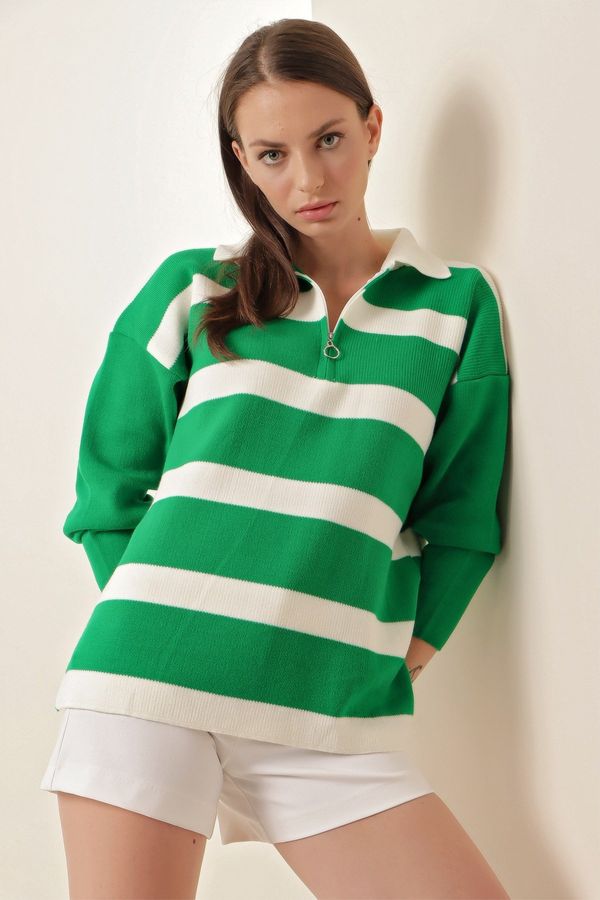 Bigdart Bigdart 4512 Striped Oversize Sweater - Green