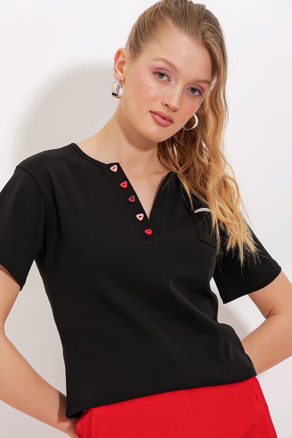 Bigdart Bigdart Women's Black Button Detailed Short Sleeve T-Shirt 903